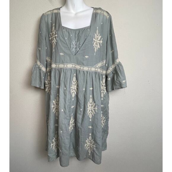 Sundance Embroidered Babydoll Boho Dress M Sage Beige Festival Bell Sleeve Slip - Picture 1 of 9